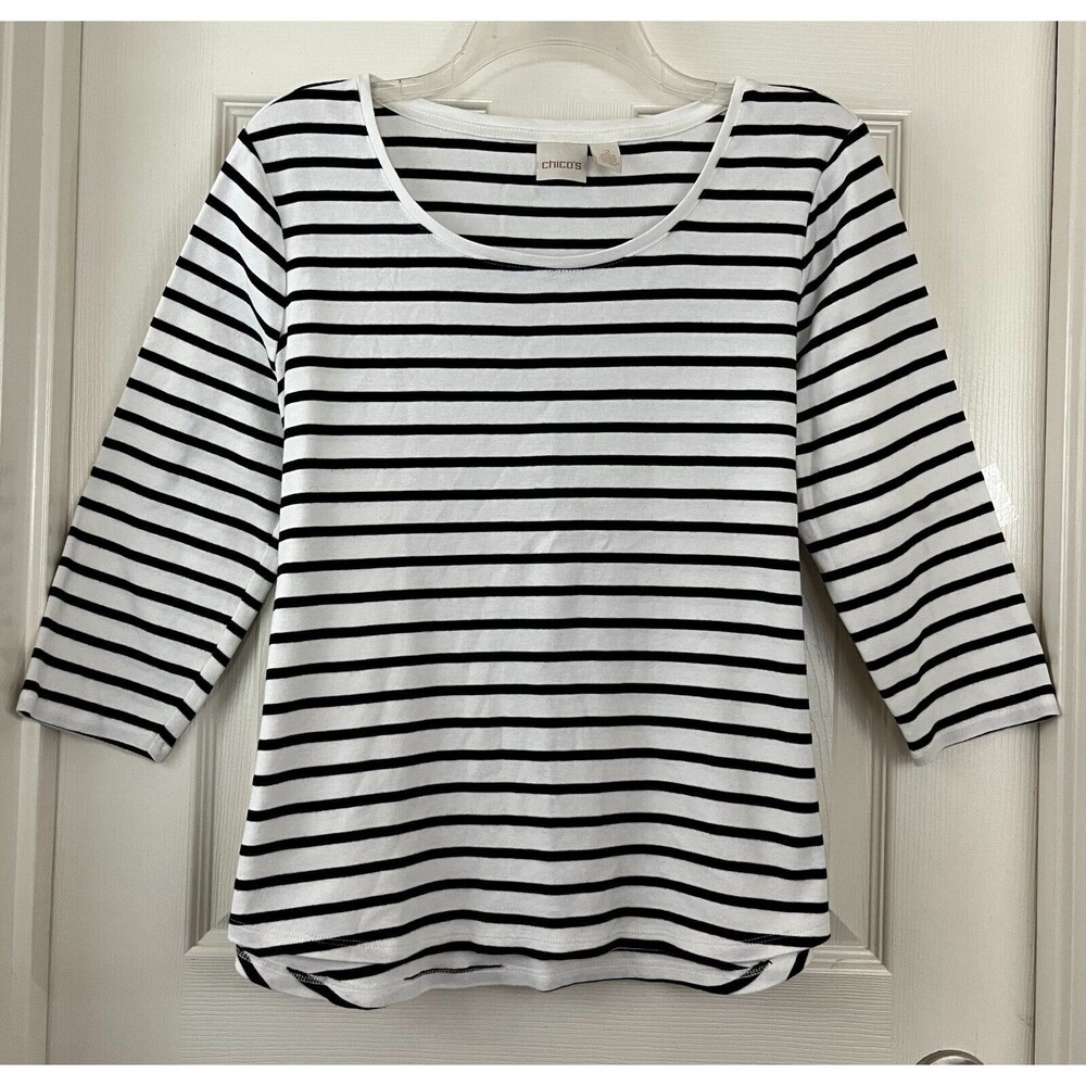 CHICO'S - White with Black Stripes 3/4 Sleeve Cotton Knit Tunic Top size 2 Large